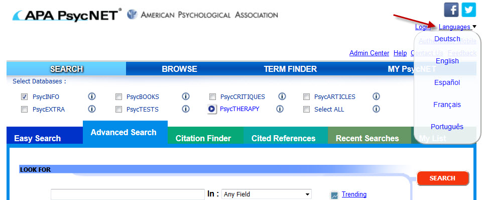 Screenshot of language translation options on APA PsycNET