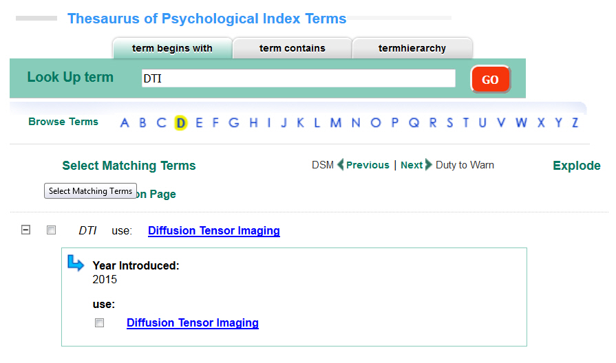 Screenshot of Thesaurus entry for Diffusion Tensor Imaging.