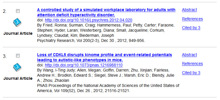 Screenshot of search results on APA PsycNET.