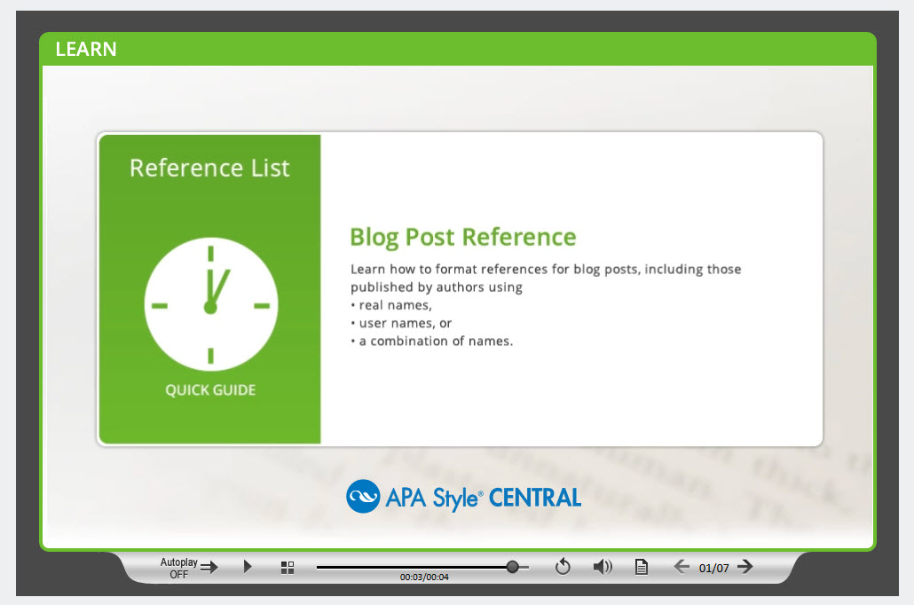 screenshot of A brief video tutorial, called a Quick Guide, on creating a blog post reference.