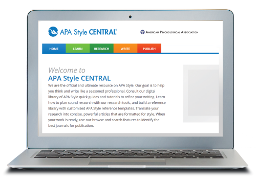 Laptop displaying APA Style CENTRAL homepage.