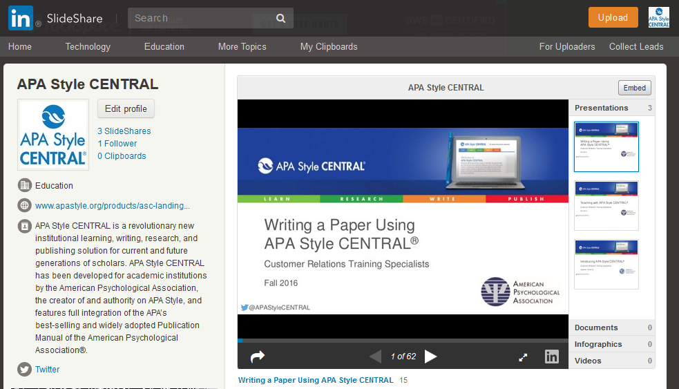 Screenshot of APA Style CENTRAL SlideShare homepage