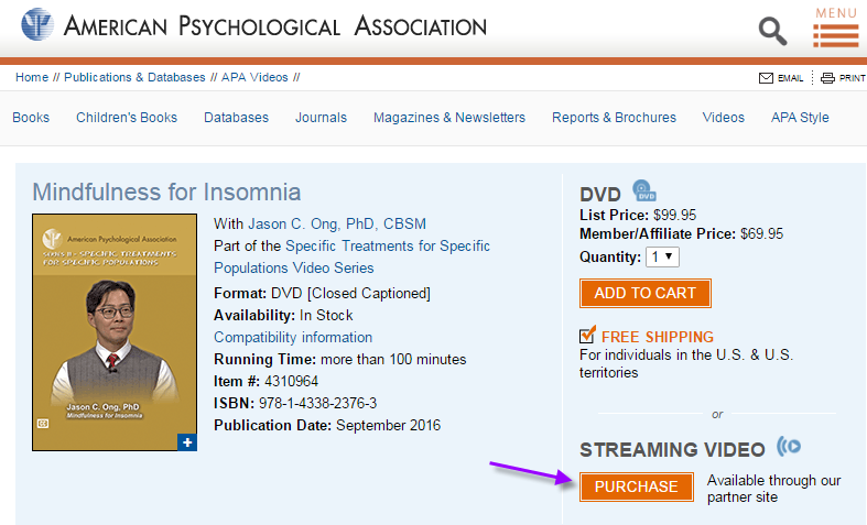 Screenshot of the APA website page for the DVD Mindfulness for Insomnia, pointing out the button to purchase streaming video.