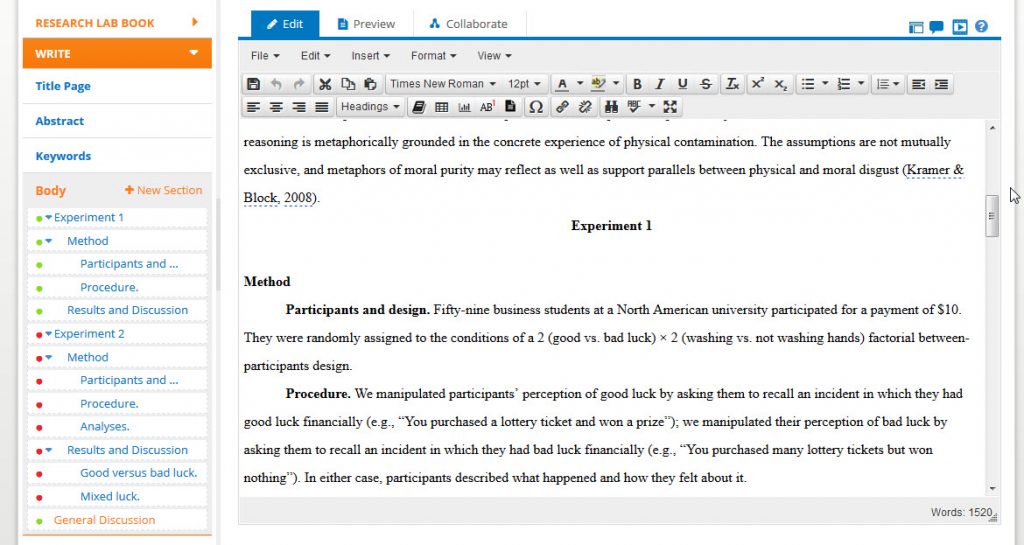 Screenshot of the APA Style CENTRAL Writing Center with a paper in progress