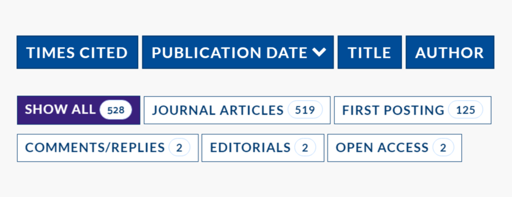 The sort function for a chosen journal's "Explore Journal" page, allowing researchers to filter by times a record has been cited, publication date, title, author, and the type of record.